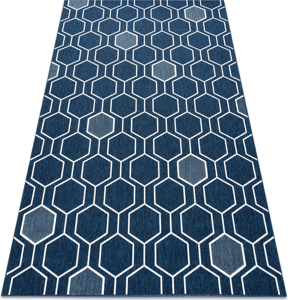 Tapis bleu 200x290 cm idéal pour salle à manger motif hexagone