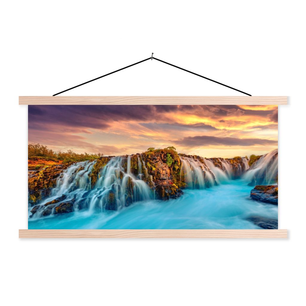 MuchoWow Textilposter Wasserfall - Landschaft - Wolken - Natur 120x60 cm mit holzfarbenen Rahmen - Klemmleiste