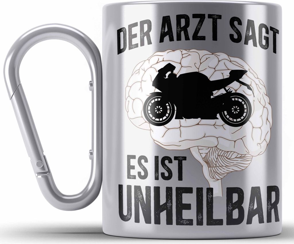 Trendation - Motorradfahrer Geschenk Männer Motorrad Edelstahl Tasse Karabiner mit Spruch Karabiner Edelstahl Tasse Karabiner Edelstahl für Biker...