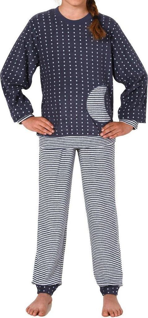 Mädchen Frottee Pyjama mit Bündchen, warmer Kinder Schlafanzug in toller Ringel-Optik ; Tupfen , 140