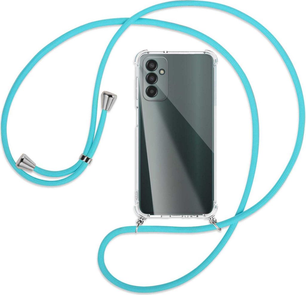 Handykette Backcover-Schutzhülle mit Band (Metall silberfarben) für Samsung Galaxy M13 4G (SM-M135) - türkis