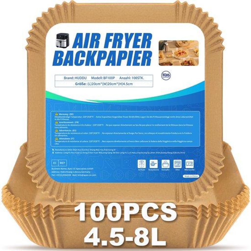 Bakpapier 100 stuks 4,5L-8L, XXL vierkant, 20 cm, voor heteluchtfriteuse, wegwerpbakjes