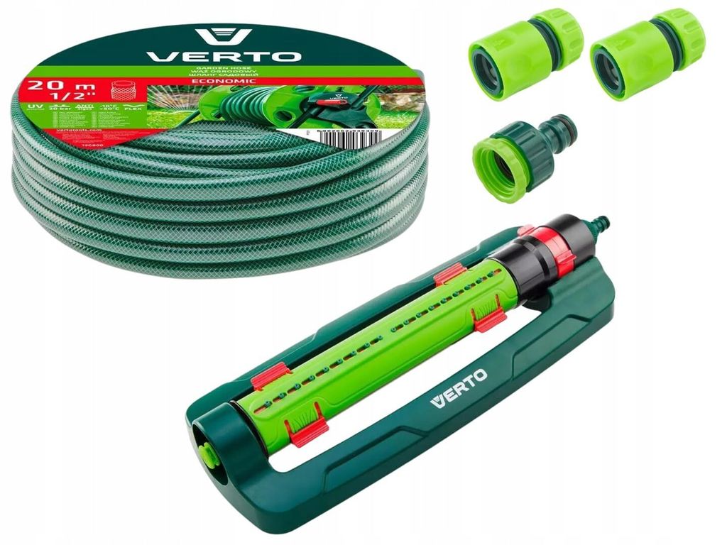 VERTO Gartenschlauch 1/2 Zoll - 20 m + Oszillierender Sprinkler + 3 Stück Anschluss Kit | Gartenbewässerung Komplettes Starterset