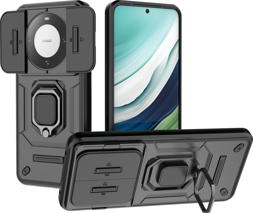 Hülle für Huawei Mate 60 Dual Layer Handyhülle Schiebe Kamera Schutz und Ringhalter Ständer Schwarz