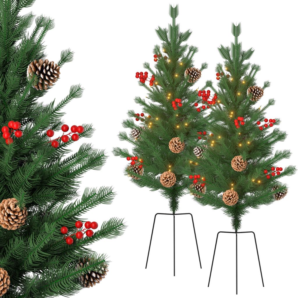Sessamen-LP 2xKünstlicher Weihnachtsbaum 76cm Erdsteckerchristbaum Klein Christbaum Tannenbau Weihnachtsdekobaum mit Led Lichterkette (Rote Frucht...