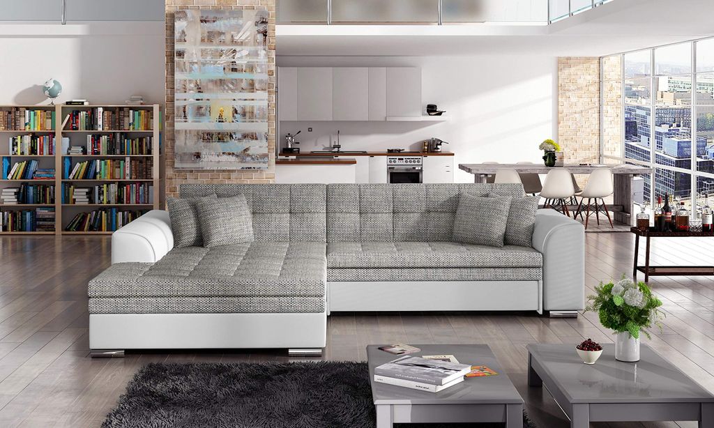 Krudox SORE Ecksofa L-Form 296x78x194 cm - Grau mit Schwarz Kunstleder Schlafsofa mit Bettkasten - Schlaffunktion 128x262 cm - Links - Stoff: Berli...
