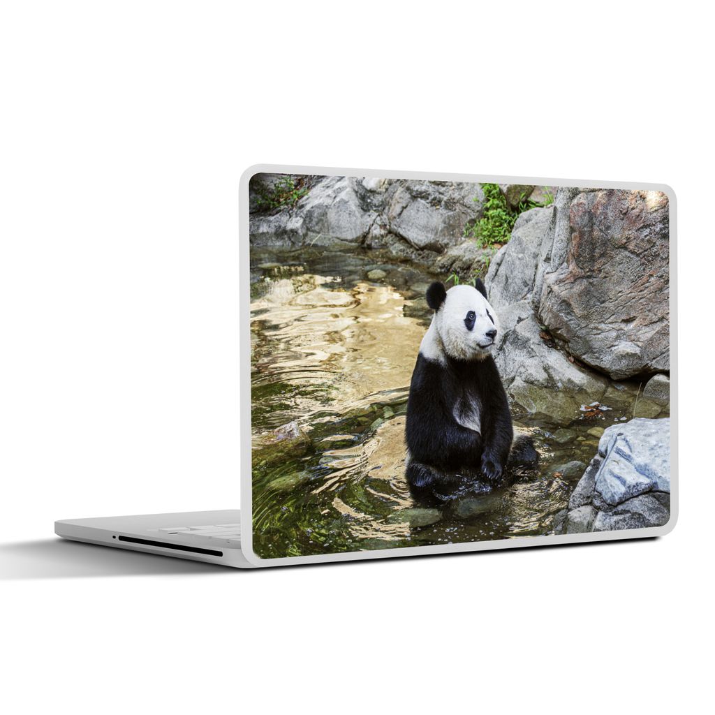 MuchoWow Laptop Aufkleber Sticker Cover Panda - Fluss - Stein 32.5x23.5 cm - Sticker für Laptop - Selbstklebend