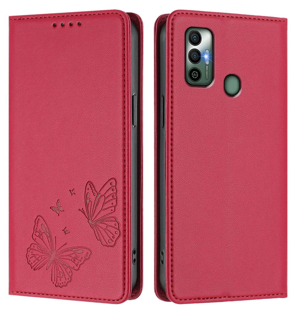 Lederhülle für Tecno Spark 7 /Spark 7T, Schmetterling Prägung Leder Brieftasche Schutzhülle mit Ständer Rot