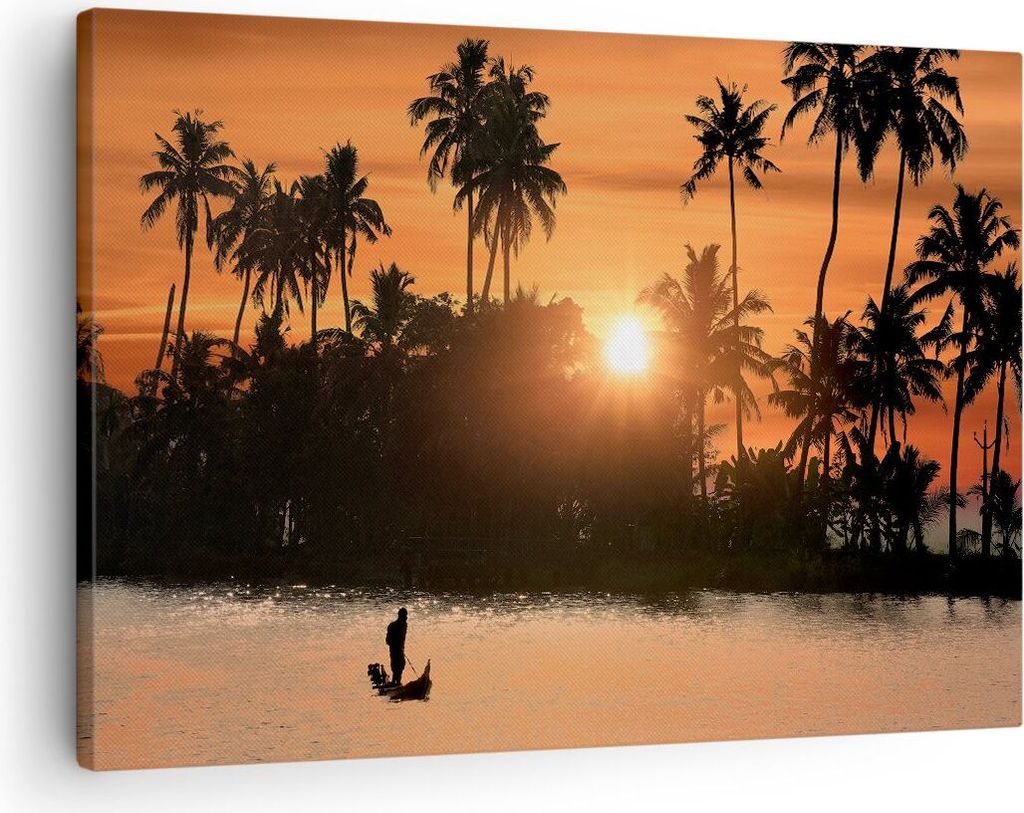 Bild auf Leinwand - Leinwandbild - Palme Fluss Sommer - 70x50cm - Wand Bild - Wanddeko - Wandbilder - Leinwanddruck - Bilder - Kunstdruck - Wanddek...