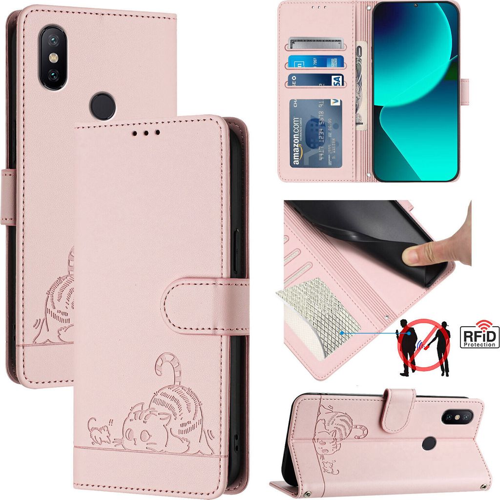 Leder Hülle für Xiaomi Mi A2 / Mi 6X Süße Katze Flip Case Brieftasche Schutzhülle mit Standfunktion Pink