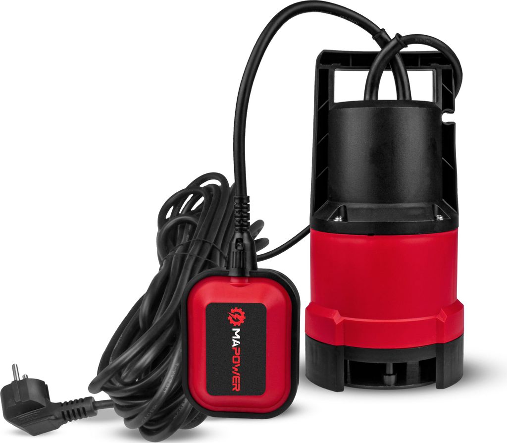 A submersible pump with a float switch and power cord is shown against a white background.