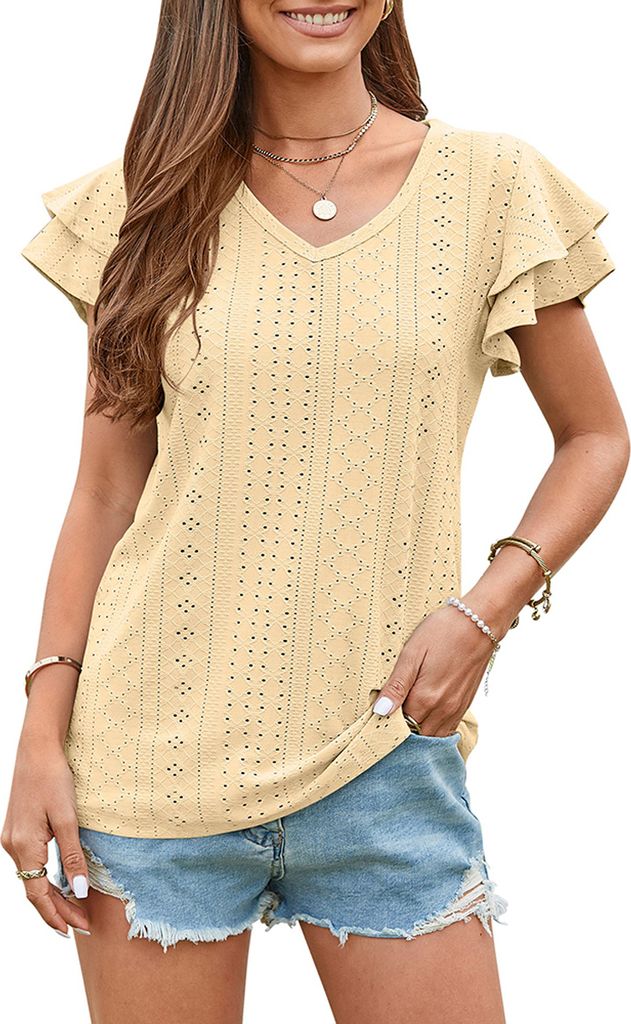 ASKSA Damen T-Shirt Rüschenärmel Bluse Sommer Elegant Oberteile Casual V-Ausschnitt Loose Shirts, Gelb, XL