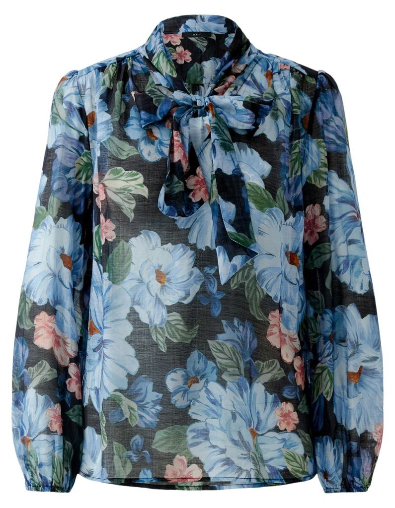 Oui Damen Bluse Dunkelblau mit Blumendruck, Puffärmeln, Produktbild 