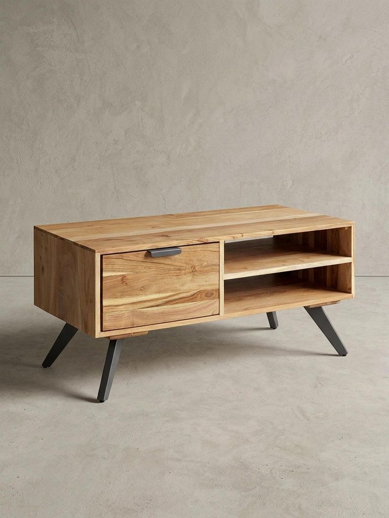 Massiver Couchtisch aus Holz und Metall, Trendiges Design, Viel Stauraum, Stabile Standbeine. 95x45x45 cm | Kadima Design