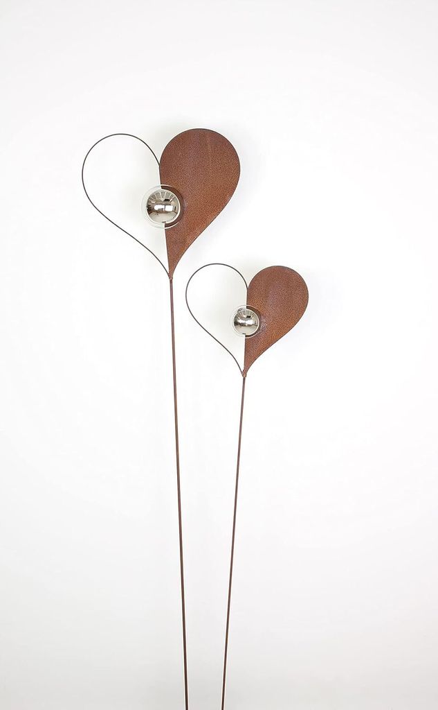 2x Gartenstecker Herz mit Kugel Metall Rost Optik