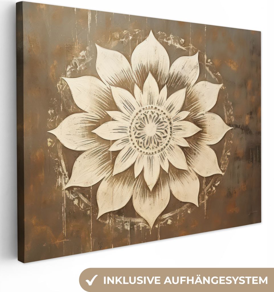 MuchoWow - Leinwandbilder - Mandala - Blumen - Vintage - Weiß, Wandbild, Wanddeko Bilder Wohnzimmer, 40x30 cm