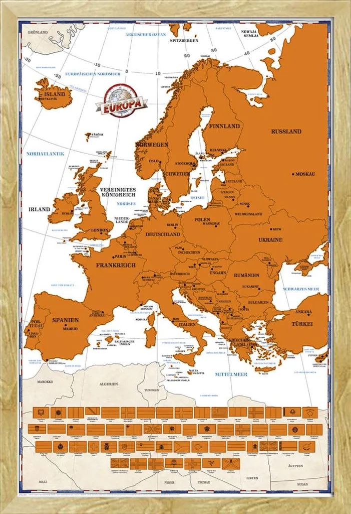 Carte d'Europe à gratter politique avec cadre Shinsuke en MDF hêtre