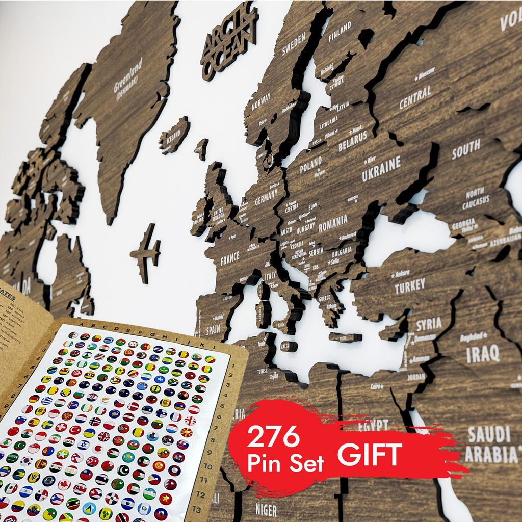 Holz-Weltkarte Wandkunst – 3D Holz Pinnwand Karte, Reise Geschenk Braune Betül M 100cm