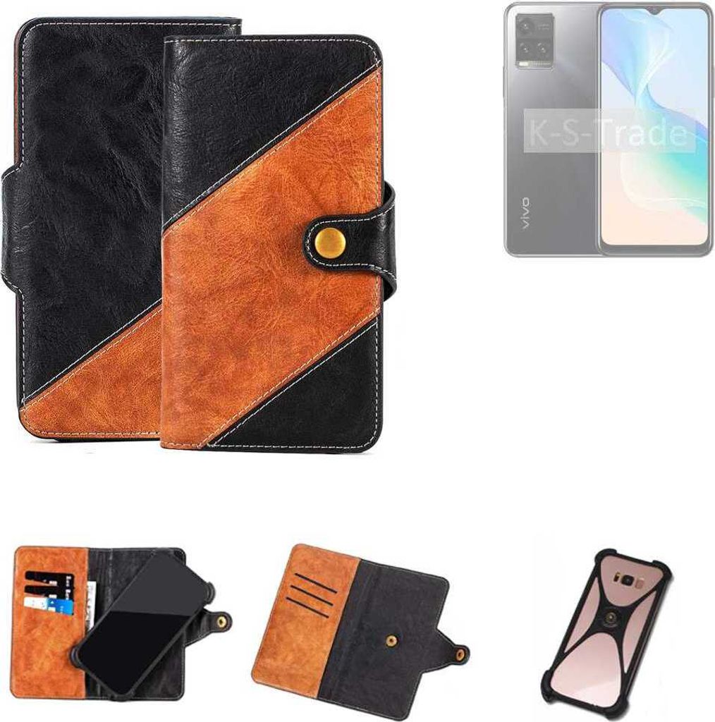 K-S-Trade Handyhülle Schutzhülle Bookstyle Case Wallet-Case kompatibel mit Vivo Y33s Handy Cover Bumper Klapphülle schwarz hellbraun 1x
