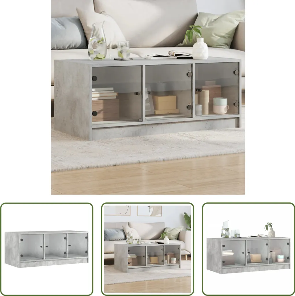 The Living Store Tavolino con ante in vetro grigio cemento 102x50x42 cm