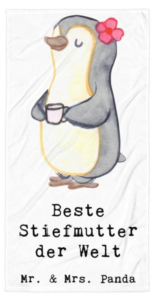 Mr. & Mrs. Panda Handtuch Pinguin Beste Stiefmutter der Welt - Weiß - Geschenk, Geschenkidee, Muttertag, Strandtuch, Baumwollhandtuch, Sohn, Frott...