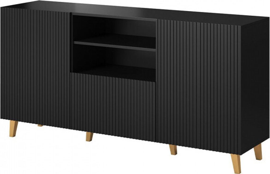 A black sideboard with gold legs against a white background.