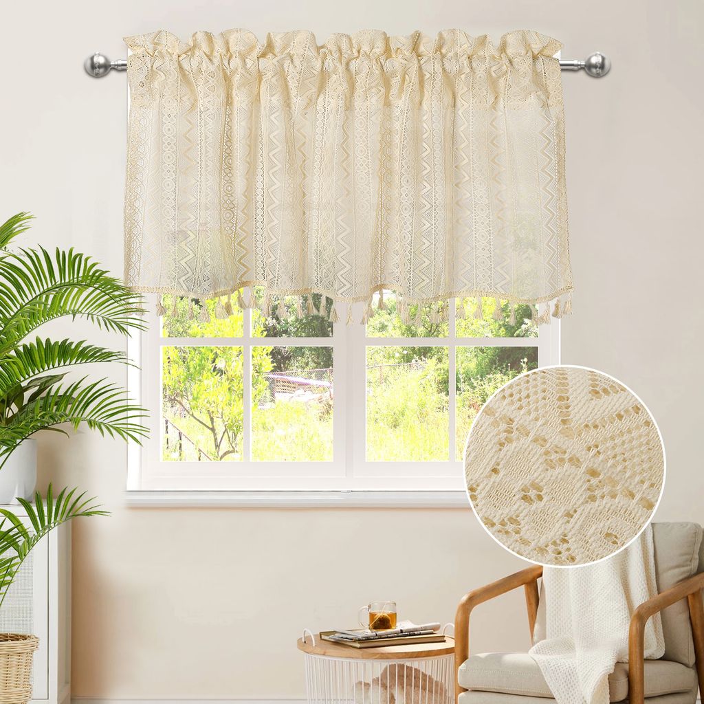 Boho Halbtransparent Gardinen 100x60cm Vintage Quaste Rutentasche Vorhänge Landhausstil Küche Wohnzimmer 1 Stück Creme
