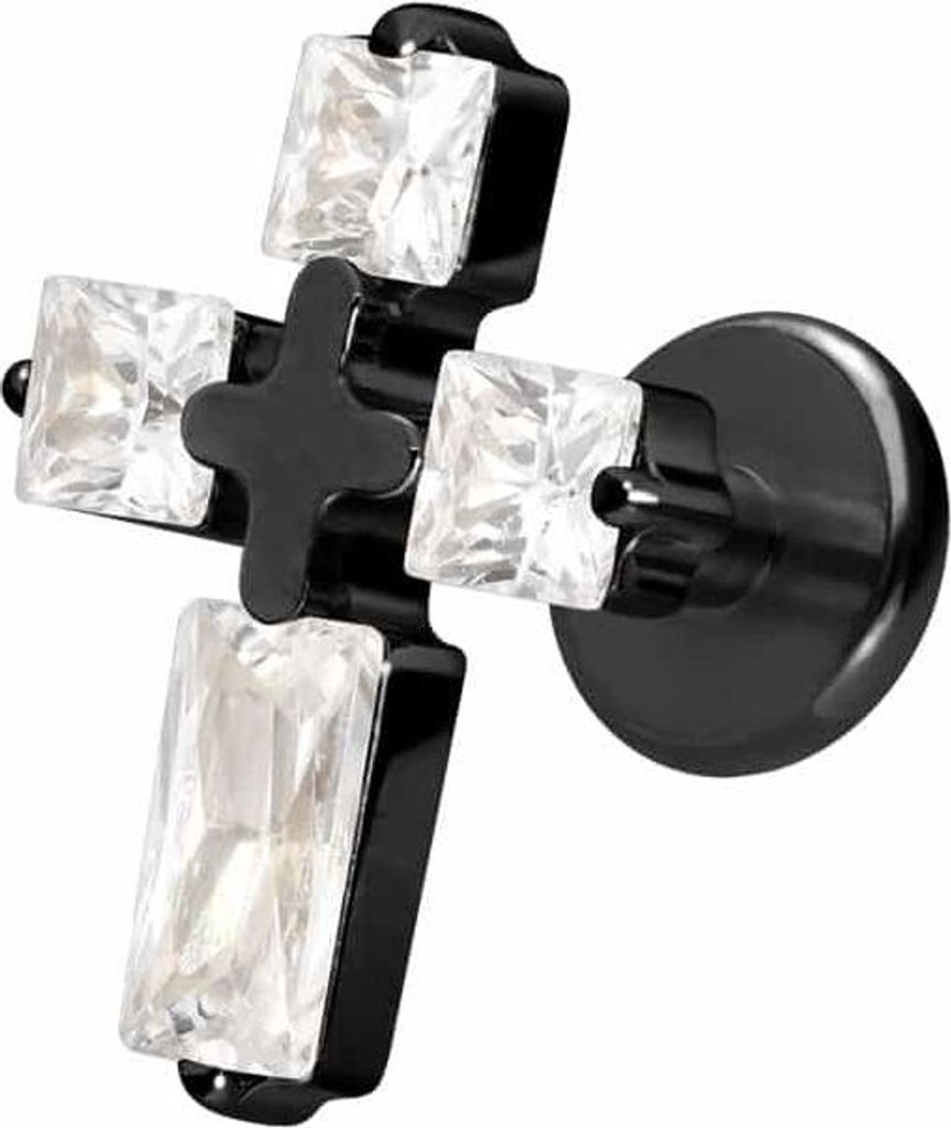 Ohrpiercing, Nasenpiercing Titan Labret mit Innengewinde KRISTALLKREUZ Schwarz Stablänge: 8mm | Stabstärke: 1,2mm