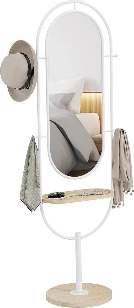 Grand miroir sur pied blanc avec 4 crochets et tablette de rangement