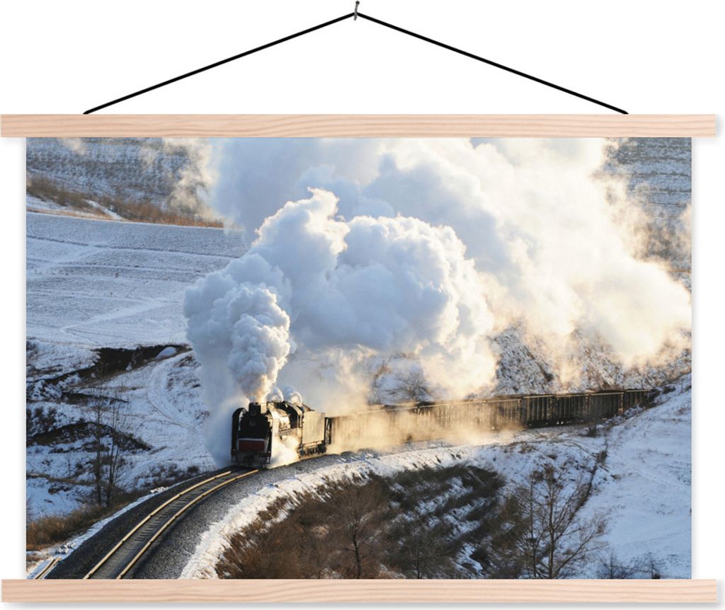 MuchoWow Textilposter Eine Dampflokomotive mit viel Dampf 120x80 cm mit holzfarbenen Rahmen - Aufhängeset