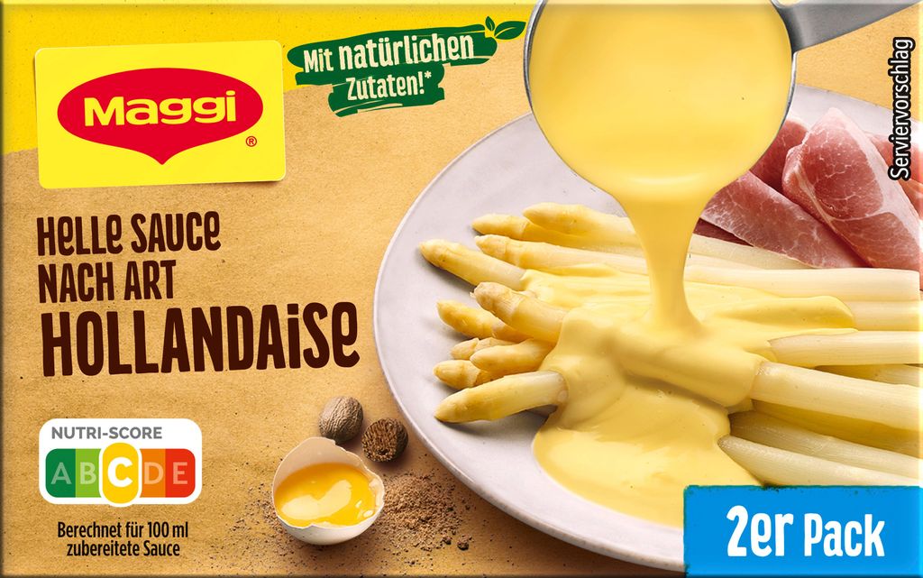 The image shows the packaging of a Maggi Helle Sauce nach Art Hollandaise.