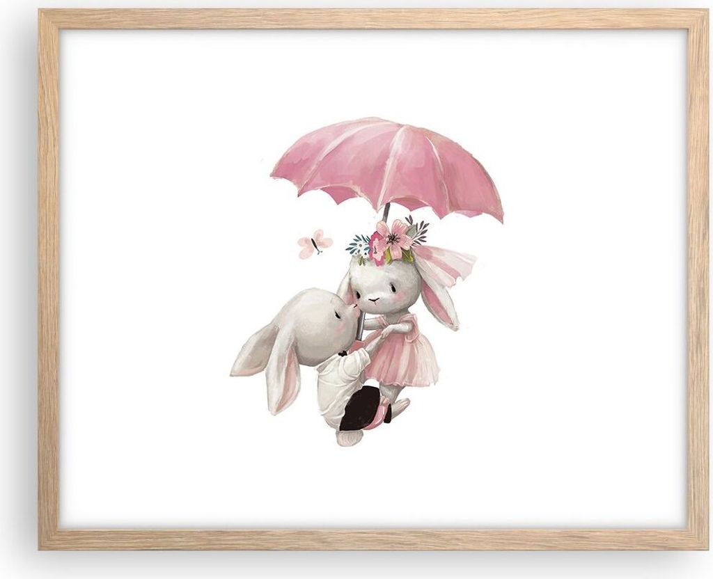 Gerahmtes Poster - Rahmen in heller Eiche - Hasen Regenschirm Kinder - 50x40 cm - Wand Bild - Wanddeko - Wandbilder - Kunstposter - Wandposter - Bi...
