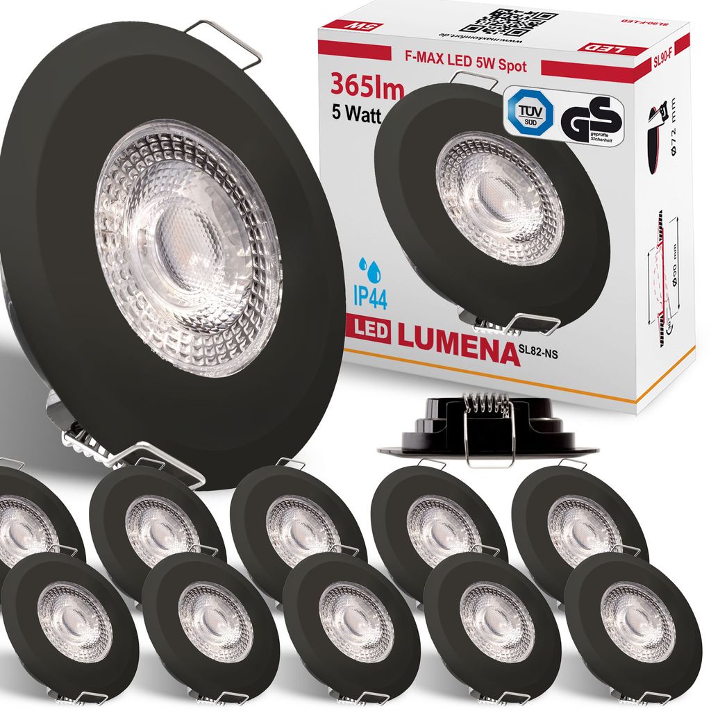 12x LED Bad Einbaustrahler Ultraflach 5 Watt Matt Schwarz Produktbild 
