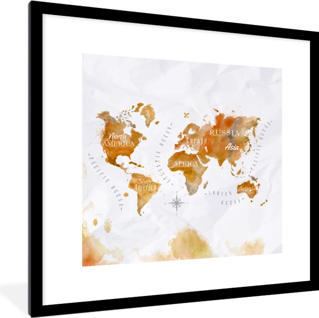 MuchoWow MuchoWow Gerahmtes Poster Aquarell - Weltkarten - Gold 40x40 cm - Poster mit zchwarzem Bilderrahmen - Poster - Plakat im Rahmen