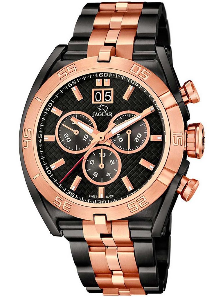 A close-up studio shot of a Jaguar chronograph watch with a black dial and rose gold accents.
