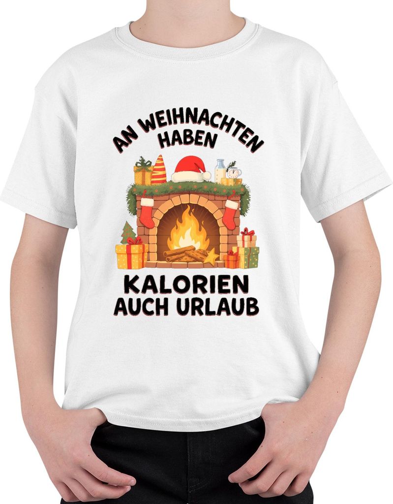 An Weihnachten haben Kalorien auch Urlaub Geschenk lustig Kamin Uni Kinder T-Shirt, Weiß, 116