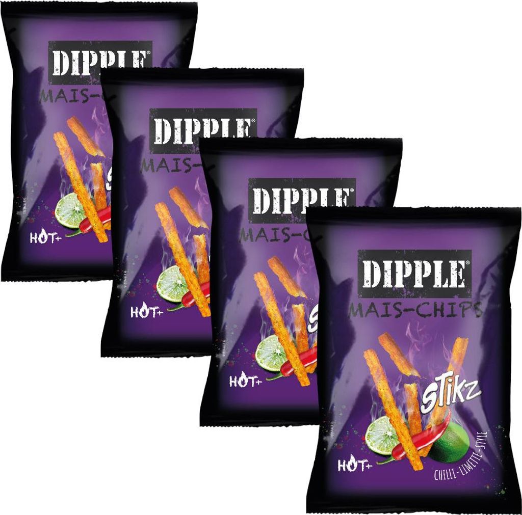 4x Dipple Mais‑Chips Stikz Hot Chilli Limette 90 g Snacks Produktbild 
