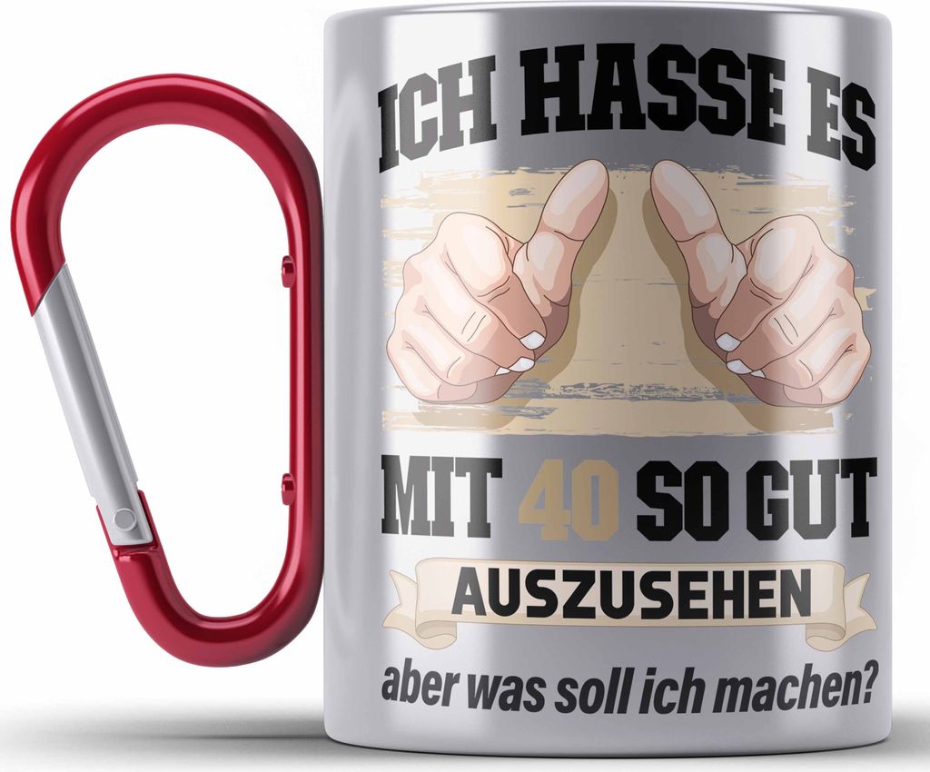 Trendation - 40. Geburtstag Edelstahl Tasse Karabiner Frau Männer Geschenk 40er Geschenkidee 40 Mutter Vater Mann Frauen Lustig Geschenke Deko (Rot)