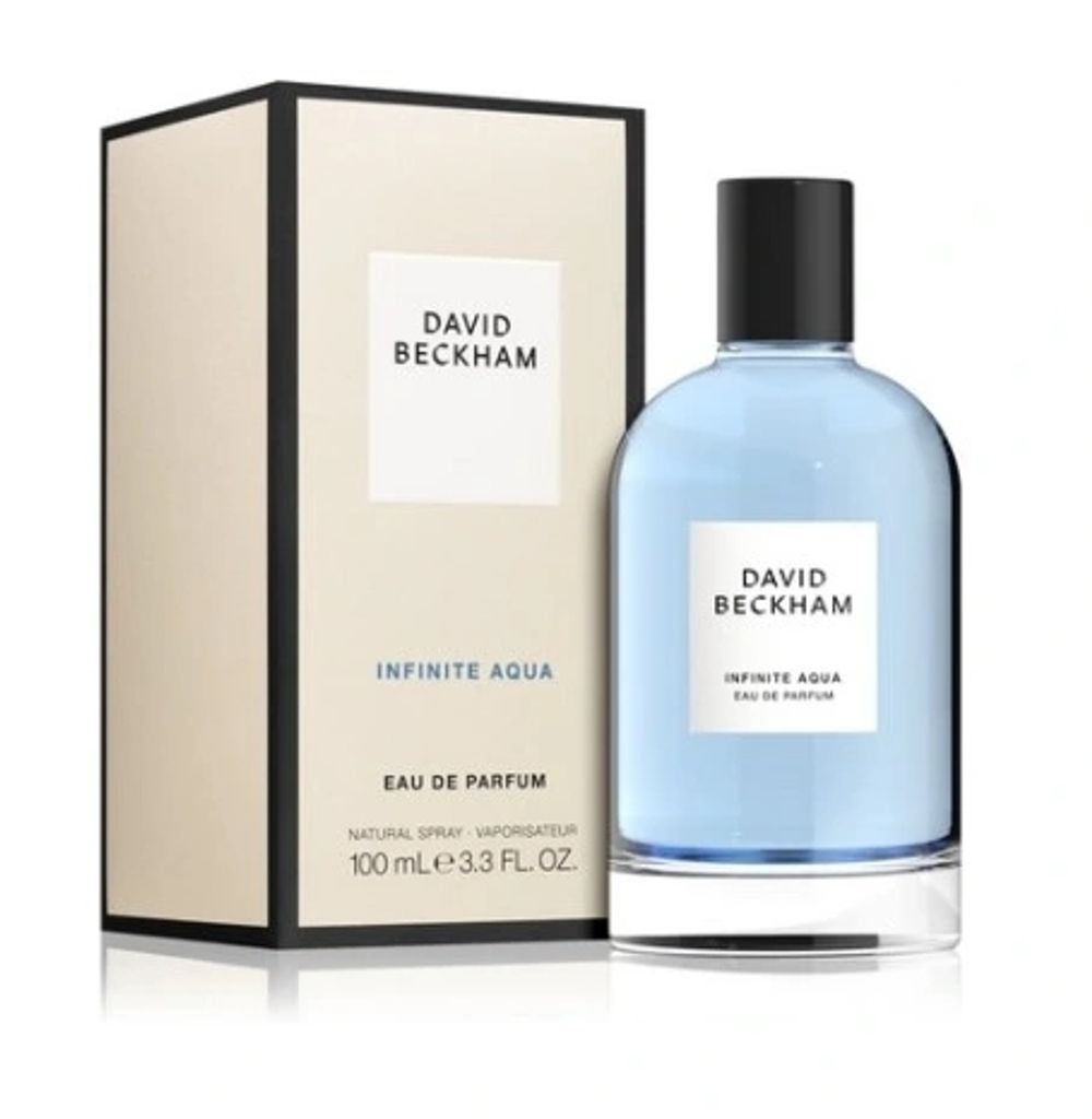 A bottle of David Beckham Infinite Aqua Eau de Parfum and its packaging are displayed against a white background.