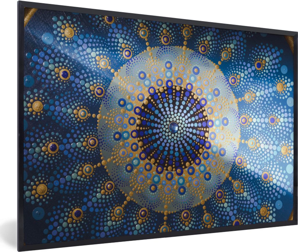 MuchoWow MuchoWow Gerahmtes Poster Kreis - Mandala - Blau - Gelb 30x20 cm - Poster mit zchwarzem Bilderrahmen - Kunstdruck - Bild-Poster