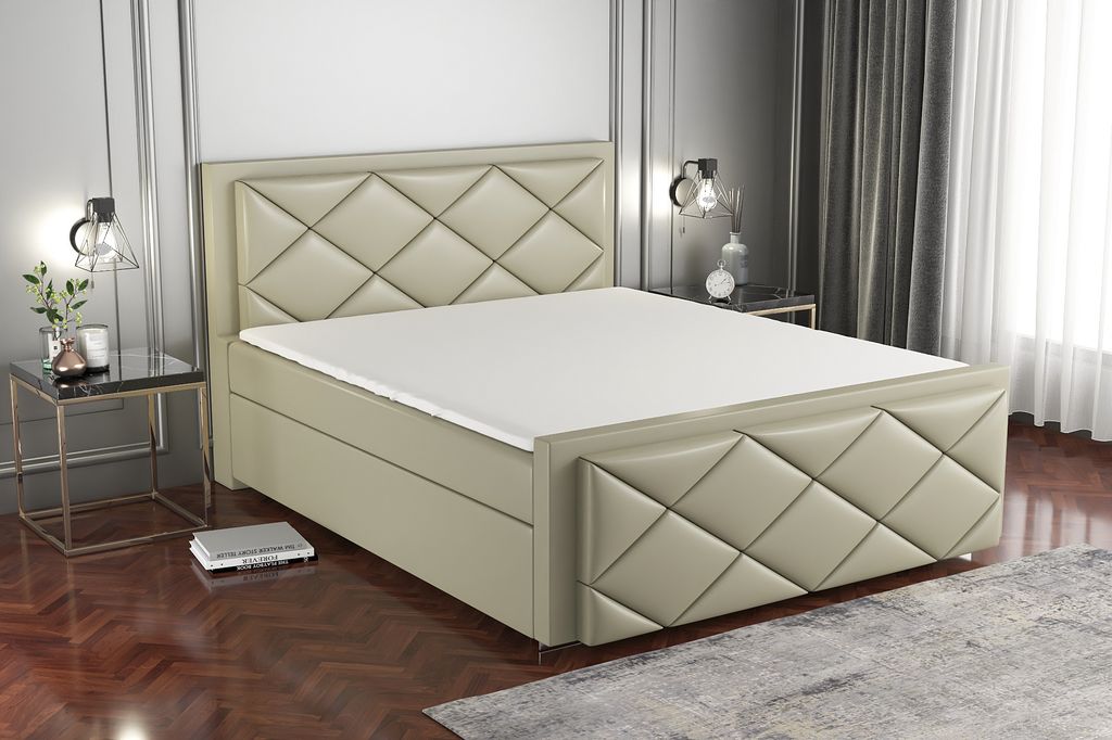 Boxspringbett SAXI 120x200 mit 2 Bettkästen, Bonell-Matratze und Topper. Farbe: Beige.