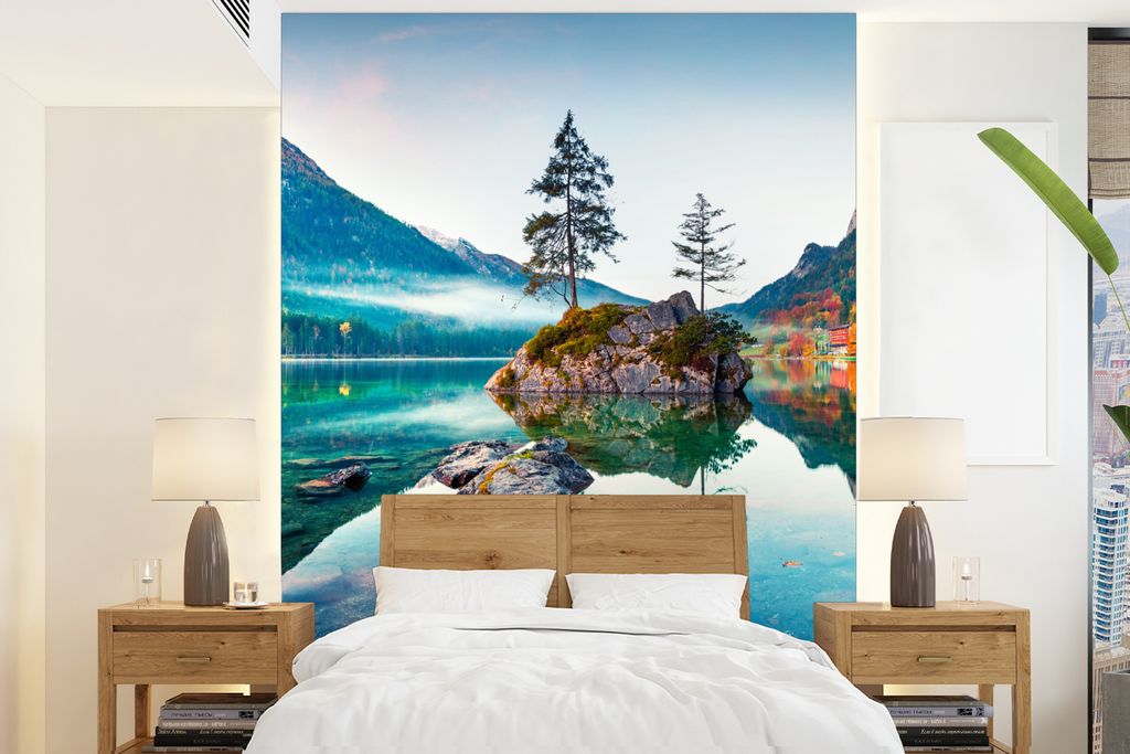 MuchoWow Fototapete für Wohnzimmer oder Schlafzimmer Wandtapete Vinyl Motivtapete Berge - See - Bäume - Natur - Wasser - 160x220 cm - Bildschir...