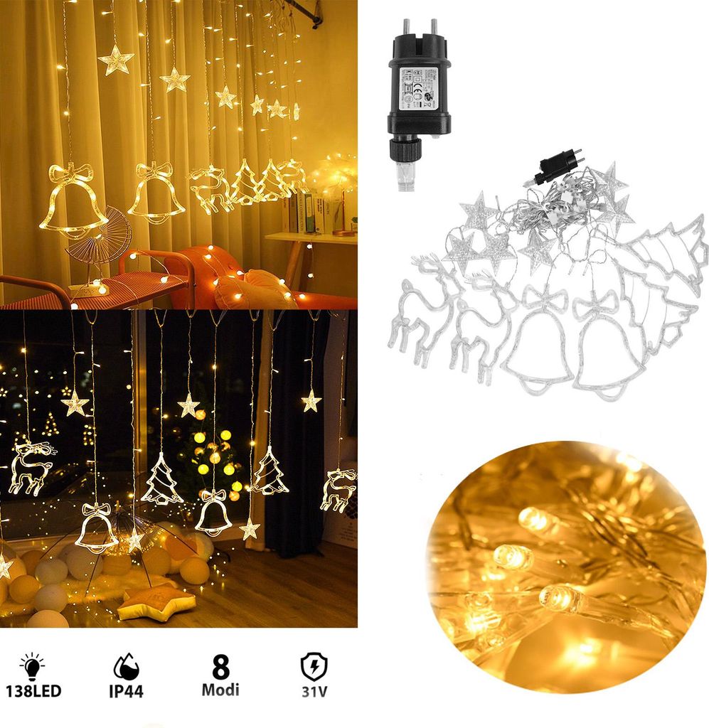 LARS360 138 LED Lichtervorhang Warmweiß Innen Dekoration mit Sternen & Weihnachtsmotiv, 8 Modi, Fernbedienung für Weihnachten, Party, Hochzeit, G...