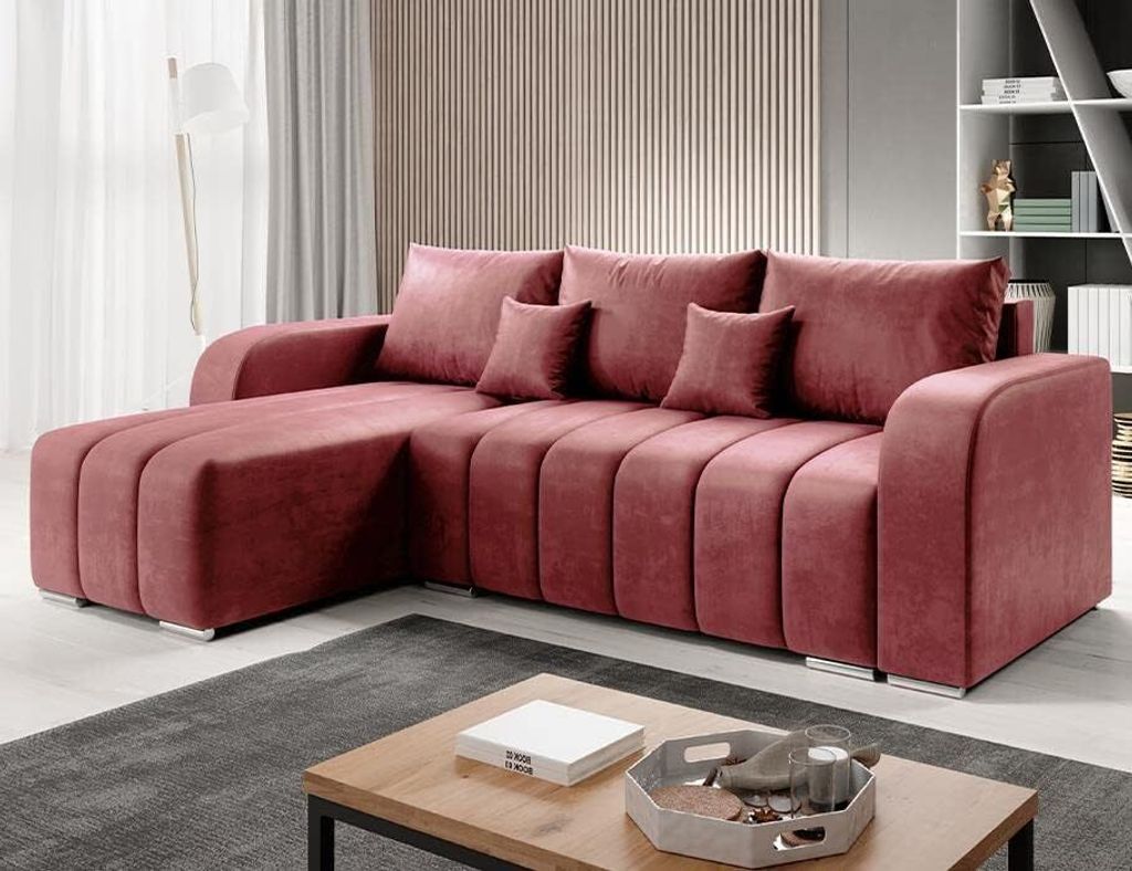 Easy4You Ecksofa Velvet L-Form – 245x86x147 cm - Schlafsofa mit Bettkasten und Schlaffunktion - Eckcouch mit Stauraum – Links – Stoff Monolit...