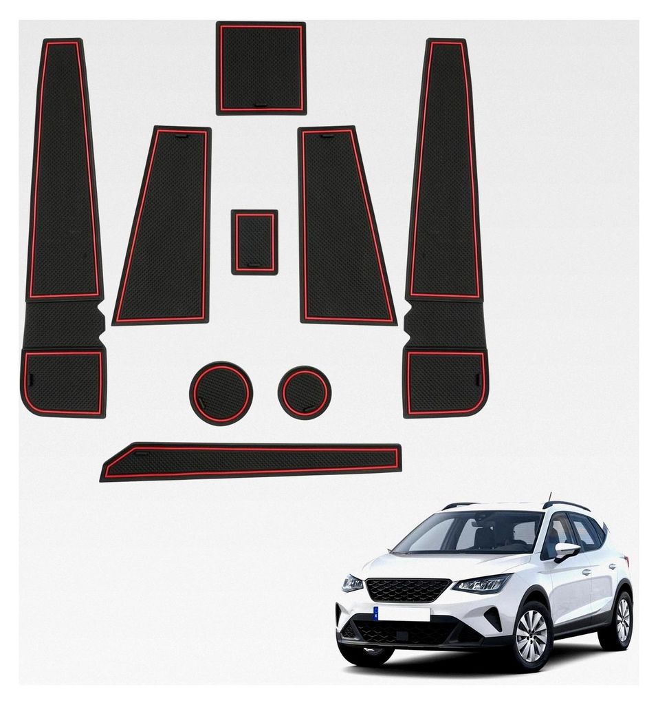 Kompatibel mit Seat Arona und Seat Ibiza 6F KJ1 Facelift 2017-2024 Antirutschmatten für Mittelkonsole, Getränkehalter und Türschlitze (Rot)