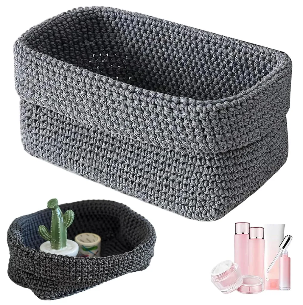 Petit panier tressé gris en coton pour rangement étagère et cosmétique