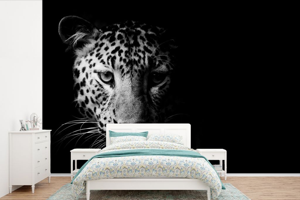 MuchoWow Fototapete für Wohnzimmer oder Schlafzimmer Wandtapete Vinyl Motivtapete Panther - Wildtiere - Schwarz und weiß - Tiere - 330x220 cm -...