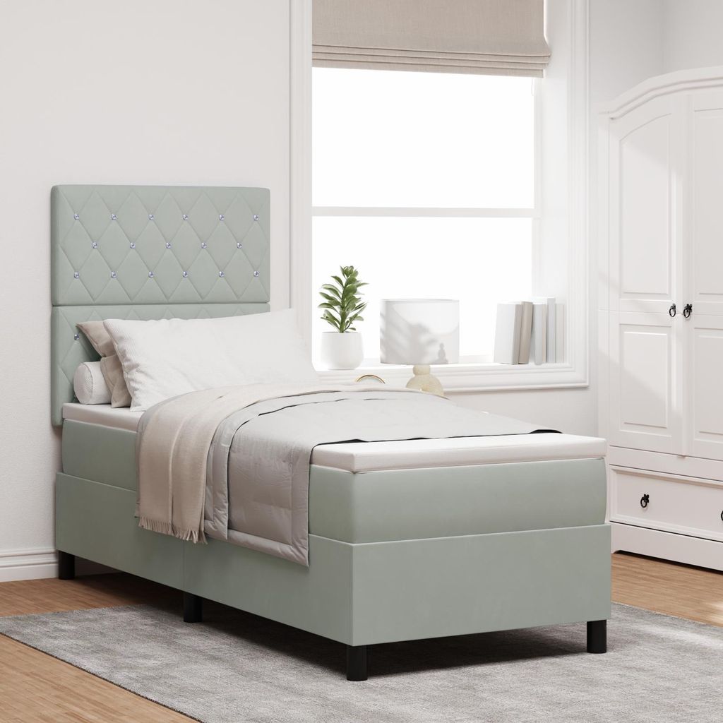 LED Boxspringbett mit Matratze Hellgrau 80x200 cm Samt, Design Möbel Klassische Betten Neu