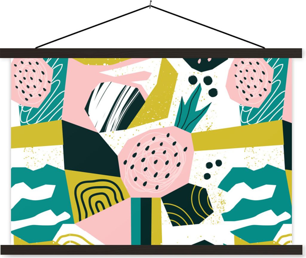 MuchoWow Textilposter Erdbeeren - Muster - Rosa 150x100 cm mit schwarzem Rahmen - Schlafzimmer