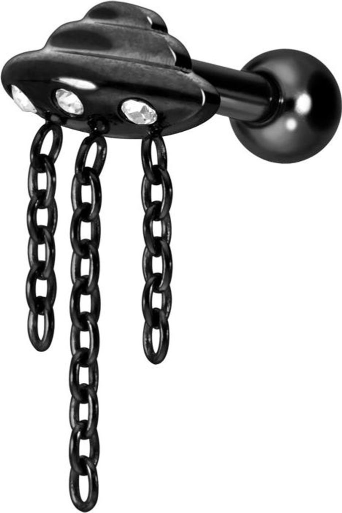 Ohrpiercing Titan Ohrpiercing mit Innengewinde UFO + KETTEN + KRISTALLE Schwarz Stablänge: 6mm